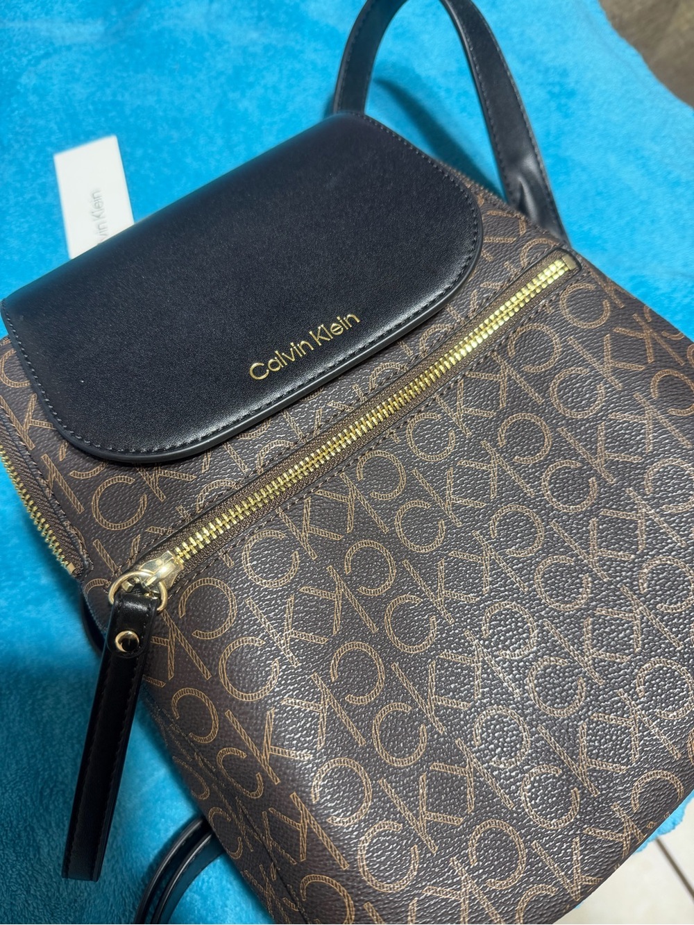 Calvin Klein Black & Brown Logo Backpack with Gold Hardware